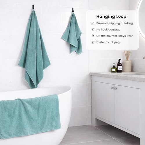 SEMAXE 8-Piece Cotton Bath Towel Set with Hanging Loops for Bathroom, Blue | Complete starter set for daily showers, sink-side use, small bathrooms, and guest baths, OEKO-TEX certified, easy care - color: A04: Blue