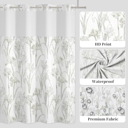 No Hook Floral Shower Curtain with Snap in Fabric Liner, Botanical Shower Curtains for Farmhouse Bathroom, Mesh Top Window and Waterproof Washable, 71x74 Inch - color: Botanical-b