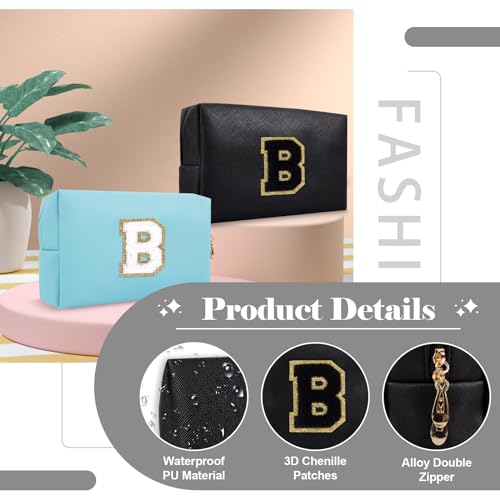 Personalized Initial A-Z Preppy Patch Makeup Bag,Small PU Chenille Letter Cosmetic Bag with Zipper for Teen Girls,Black Cute Toiletry Organizer Bag,Monogram Makeup Case Gift for Women Girls,Letter B - color: Black,Black-Letter, size: B