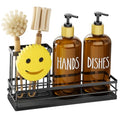 Moforoco Kitchen Dish Soap Dispenser Set, 16OZ Glass Bottle, Hand and Dish Soap Dispenser Set, Instant Dry Tray, Brush Holder with Smiley Face Sponge Holder (Black Tray+Amber Bottle) - color: Black Tray+amber Bottle