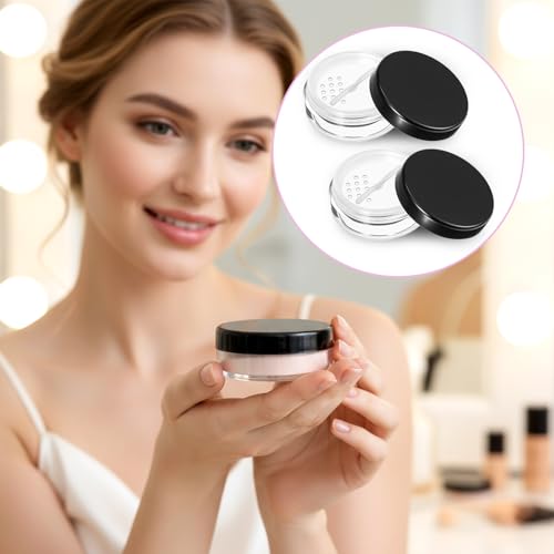 2PCS 10ml/0.34oz Refillable Loose Makeup Containers, Plastic Empty Travel Compact Case, Small Cosmetic Jars with Rotatable Sifter and Black Screw Lid, No Leak Loose Face Compact Case for Foundation