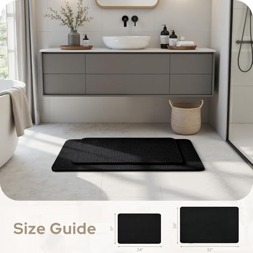 HOMEIDEAS Bathroom Rugs Set 2 Piece, Ultra Thin Non-Slip Bath Mats Rubber Backed, Chenille Absorbent Quick Dry Mats for Shower & Vanity, Low Profile Fits Under Door (Black, 32"x20"+24"x17") - color: Black
