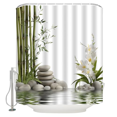 Spa Stone Shower Curtain Floral Flower Green Bamboo Leaves Relax Water Garden Nature Plant Bath Curtain with Hooks, 70x75 Inch - size: 70"W x 75"L (Pack of 1)