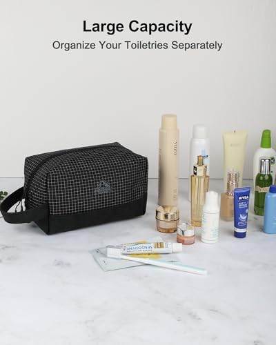 GOX Premium Plaid & Leather Travel Toiletry Bag with Reinforced Handles Cosmetic Organizer (9x5.1x5.1 inches) for Bathroom, Shaving, Makeup Essentials (Black) - color: Black