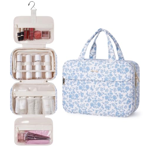 Narwey Floral Hanging Travel Toiletry Bag, Makeup Bag Organizer Make up Toiletries Bags for Full Size Essentials, Accessories, Brushes, Cosmetics (Blue Flower, Large) - color: C-Blue Flower, size: Large