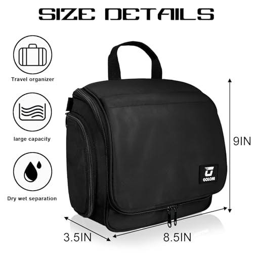 Goloni Hanging Toiletry Bag, 10 Compartments Water-Resistant Makeup Bag with 360° Spinning Metal Hook, Large Travel Cosmetic Organizer for Men & Women, Black (7.05oz) - color: Black