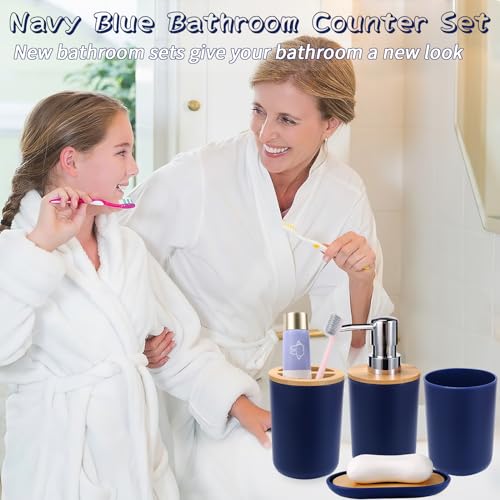 SLDIYWOW Blue Bathroom Accessories, 9-Piece Navy Blue Bathroom Accessories with Trash Can,Tray,Soap Dispenser,Toothbrush Holder,Toothbrush Cup,Soap Dish,Toilet Brush and Q-tip Holders for Bathroom - color: Navy Blue
