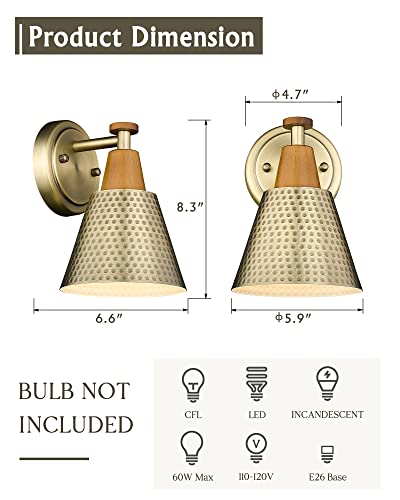 FEMILA Bathroom Light Fixtures 2 Pack, Gold Vanity Light with Hammered Metal Shade, 2-Lights Bath Wall Mounted Lights Wall Lamp for Mirror Kitchen Bedroom, 4FG59B-2 BG - color: Gold, size: 6", 2 pack