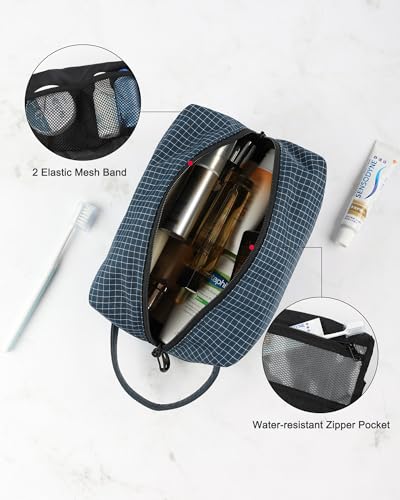 GOX Premium Plaid & Leather Travel Toiletry Bag with Reinforced Handles Cosmetic Organizer (9x5.1x5.1 inches) for Bathroom, Shaving, Makeup Essentials (Navy) - color: Navy
