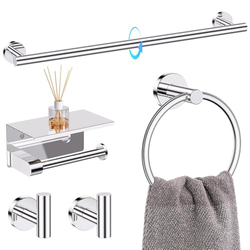 TQKAG 5 Piece Bathroom Towel Bar Holder Sets Polished Chrome Bathroom Hardware Set Stainless Steel Toilet Paper Holder with Shelf Bathroom Accessories Kit Wall Mounted - color: Polished Chrome, size: 5-Pieces Set-A