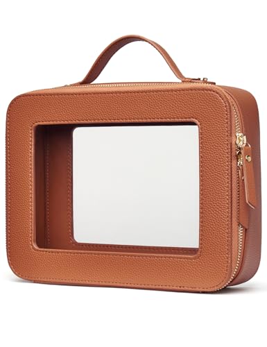 Popvibe Clear Makeup Bag Toiletry Case Travel Transparent Cosmetic Bag with Zipper, Portable Make Up Organizer Traveling Compact Car Bag for Essentials - color: Brown, style: Large Luxe