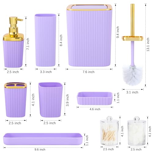 Bathroom Accessory Set,9 Pieces Purple Bathroom Accessories Set with Trash Can, Toothbrush Holder, Soap Dispenser, Toothbrush Cup, Vanity Tray, Soap Dish, Toilet Brush, Qtip Holder - color: Purple
