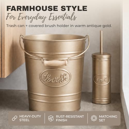 Autumn Alley Rustic Farmhouse Bathroom Trash Can and Toilet Brush Set - Rustic Bathroom Accessories for Charming Bathroom Décor, Antique Gold, 2 Gal. Capacity - color: Antique Gold