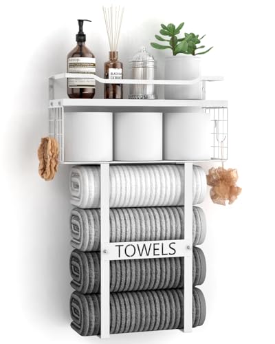 Towel Racks for Bathroom Wall Mounted - Bath Wall Towel Holder Set Above Toilet Storage, Rolled Towel Shelf Organizer for Small Bathroom All White, Wood Vertical Towel Rack for Bathroom Wall Decor - color: All White