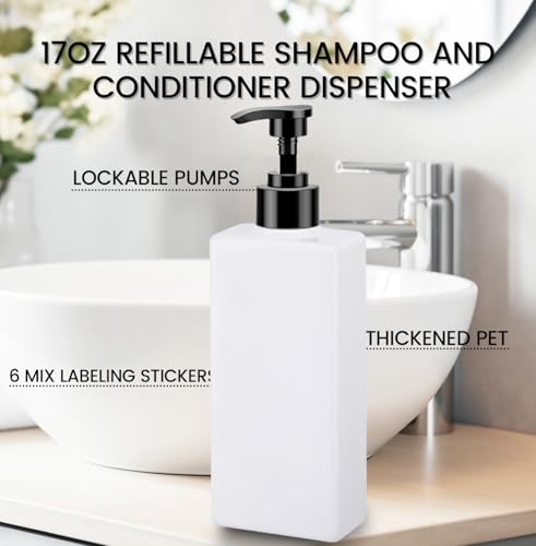 Shampoo and Conditioner Dispenser Set, 3Pack Refillable Shampoo and Conditioner Bottles with Labels, 500ml Soap Dispenser 16.9oz Shower Dispenser Square Pump Bottle for Bathroom and Kitchen - White - color: White - 3pack 16.9oz