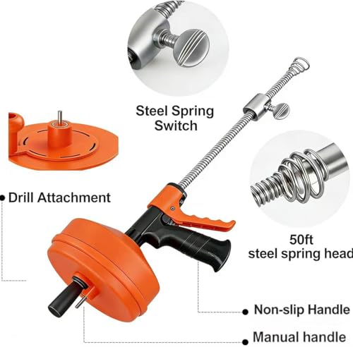 50 FT Double Mode Drain Snake Tools, 14-in-1 Drain Auger for Sink and Drain Unblocking, Plumbing Snake for Kitchen, Bathrom and Shower Sink, Snake for Real DYIs 2026 Upgraded