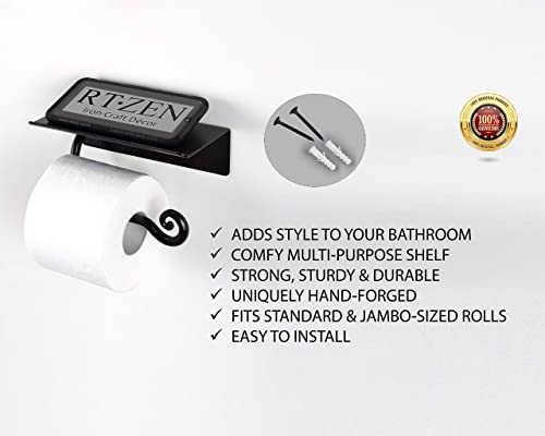 RTZEN Bathroom Toilet Paper Holder with Shelf - Handcrafted Rustic Wrought Iron Wall Decor Toilet Roll Holder - Black Matte Wall Mount Bar for Modern Farmhouse Bathroom Decor - style: Shelf Stylish