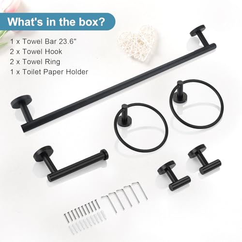 TQKAG Matte Black Bathroom Hardware Set 6-Piece Bathroom Accessory Set 23.6 Inch Round Stainless Steel Towel Bar Set Wall Mounted - color: Matte Black, size: 6-Pieces Set