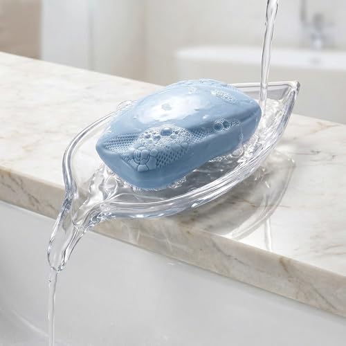 Self Draining Leaf Clear Glass Soap Dish,Bar Soap Holder | Decorative Leaf shape Soap Dish for Shower,Soap Tray,Soap Holder for Bathroom Sink,Vanity&Kitchen,Modern Bathroom Accessory.