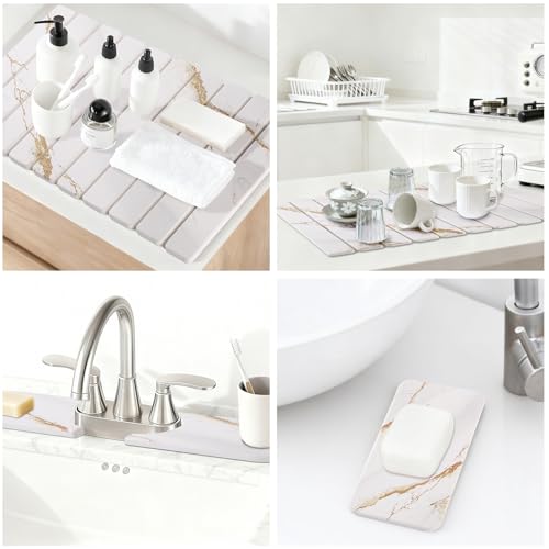 3 PCS Large Stone Dish Drying Mat for Kitchen Counter, Quick Dry Stone Dishes Mats, Sink Faucet Mat, Marble Water Absorbing Diatomaceous Earth Drying Pad for Countertop Tableware, Bottles - color: White Gold Marble