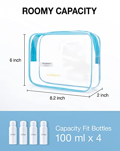 BAGSMART Clear Toiletry Bag, 3 Pack TSA Approved Travel Toiletry bag Carry on Travel Accessories Bag Airport Airline Quart Size Bags Water Repellent Makeup Cosmetic Bag for Women (Blue-3pcs) - color: Cerulean Blue, size: 3 Pack, Medium