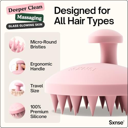 SXNSE - Revive Silicone Scalp Massager, Rose - Manual Hair & Scalp Scrubber for Dandruff, Buildup, Itch, & Hair Growth - Soft Exfoliating Silicone Bristles for Wet & Dry Hair, Flake-Free Finish - color: Rose