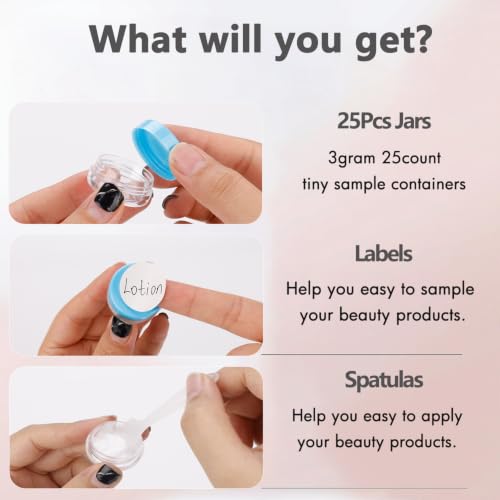 3 Gram Sample Jars with Lids, 25 Count Mini Cosmetic Containers - Makeup Travel Containers with Labels, Tiny Disposable Spatulas - color: Blue