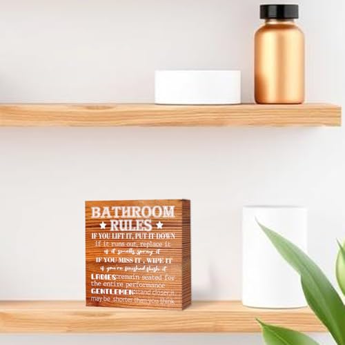 Farmhouse Wood Sign - Bathroom Rules & Decor, Wooden Block Sign for Shelf, Tabletop, Desk - color: Wood Color