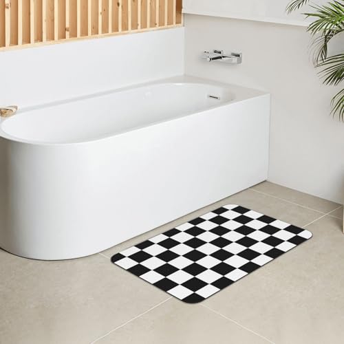 Black and White Checkered Print Bath Mat Rugs 15.7x23.6 in, Checkerboard Diatomaceous Earth Bathroom Rug Rubber Non-Slip Bathroom Mat for Bathroom Kitchen Floor, Tub and Shower Sink - color: Checkered #02