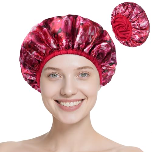 Upgraded Waterproof Terry Shower Cap, Reusable Shower Cap for Women with Long Hair, Soft Absorbent Hair-Protecting Towel Lining Bath Cap, Large Leak-Proof Hair Cap with Fashionable Print Outer - Red - color: Red