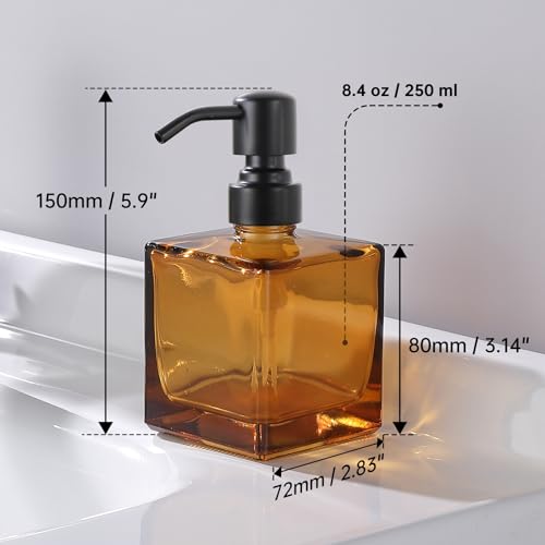 Square Bathroom Soap Dispenser Amber Bottle with Black Pump, Retangle Cube 8.4 oz Glass Bottles with Stainless Steel Pump Hand Liquid Soap Dispenser Kitchen - color: Amber and Black, size: 8.4oz-Square