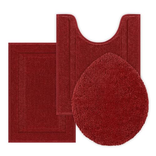 SHACOS Bathroom Rugs Sets 3 Piece with Toilet Lid Cover | Non Slip Absorbent Small Bath Mats 16"x24" U Shape Contour Mat Soft Microfiber Shaggy Machine Washable Bathroom Carpet (Red) - color: Red, size: 16"x24"+U-Shape 20"x24"+Lid Cover 19"x21"