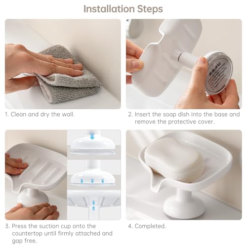 PAVSTINE Self-Draining Soap Dish with Suction Cup, Stand Bar Soap Holder, No Drill Removable Sponge Tray for Shower, Bathroom, Kitchen Sink, Easy to Clean & Keeps Dry, White