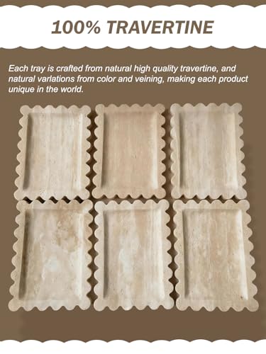 Denique Natural Travertine Tray with Scalloped Edge, 10.8x8 Rectangle Vanity Tray for Bathroom Kitchen Countertop, Beige Decorative Stone Storage Tray for Dresser Home Decor