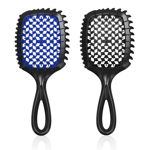 Detangler Brush – 2 Pack Vented Hair Brush for Wet/Dry Hair – Easy, Pain-Free Detangler Brush Reduces Knots & Breakage – For Curly, Straight, Thick or Fine Hair – Women, Men & Kids (Black+Blue) - color: Black+Blue