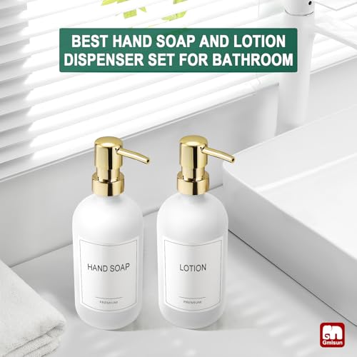 GMISUN White Soap Dispenser, 2 Pack Glass Hand Soap Dispensers Bathroom with Gold Pump, 17 Fl Oz Dish Soap Dispenser Set for Kitchen, Refillable Modern Liquid Soap and Lotion Dispensers Bottle - color: White Bottle + Golden Pump