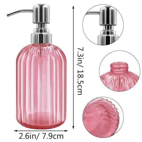 14 Oz Glass Soap Dispenser with 304 Rust Proof Stainless Steel Pump, Refillable Hand Liquid Soap Dispenser for Bathroom, Kitchen, Countertop, Laundry Room (Pink) - color: Pink