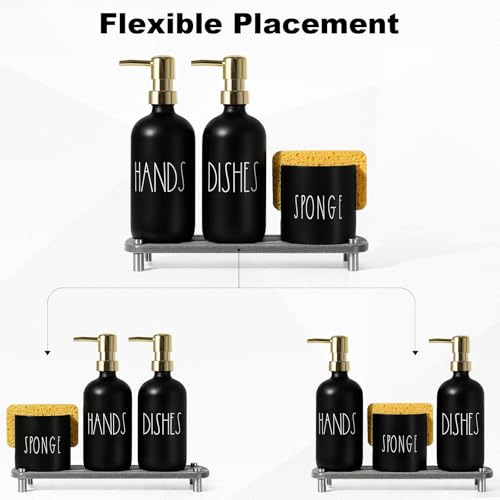 Kitchen Soap Dispenser Set, 16.9 fl oz Hand and Dish Soap Dispensers with Tray, Black and Gold Kitchen Soap Dispenser Set with Sponge Holder, Instant Dry Tray, Gold&Black - color: Black Bottle+gold Pump