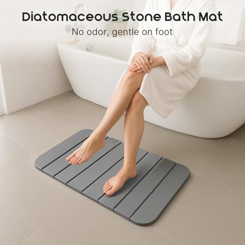 ArtyCozy Large Foldable Stone Bath Mat 28''×17'' with Non-Slip Rubber Base, Super Absorbent Quick Drying Diatomaceous Earth Mat for Bathroom, Easy to Store, Easy to Clean, Grey