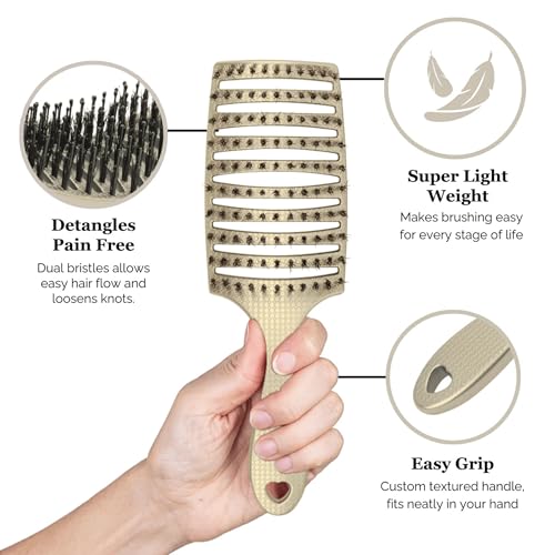HAPPY HAIR BRUSH Happy Detangler Paddle Brush with Boar Bristles & Nylon Pins | Designed by Women to Detangle & Smooth Thick, Fine or Curly Hair | Pain-Free Slick Back Brush, Ultra Lightweight (Sand) - color: Sand