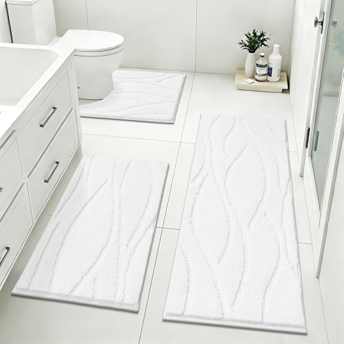 Bsmathom Bathroom Rugs Sets 3 Piece, Soft Non Slip Microfiber Bath Mat and U-Shaped Contour Toilet Rug, Machine Washable Absorbent Shaggy Bathroom Set, White - color: White