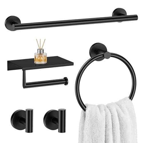 Black 5-Piece Bathroom Hardware Set, 23.6 Inch Towel Bar Set SUS304 Stainless Steel Towel Racks for Bathroom Round Towel Bar, Towel Ring, Toilet Paper Holder, 2 Robe Hooks, Wall Mounted - color: Matte Black