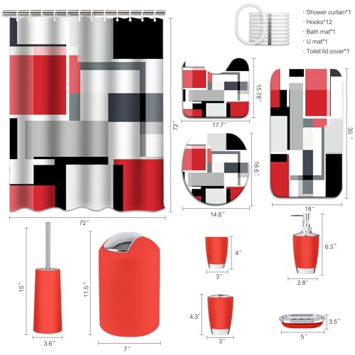 Lnond Red Bathroom Set, 23-Piece Red Black Geometric Bathroom Decor Set with with Shower Curtain and Rugs, Trash Can, Toilet Brush Holder Set & Soap Dispenser - style: Red Geometric
