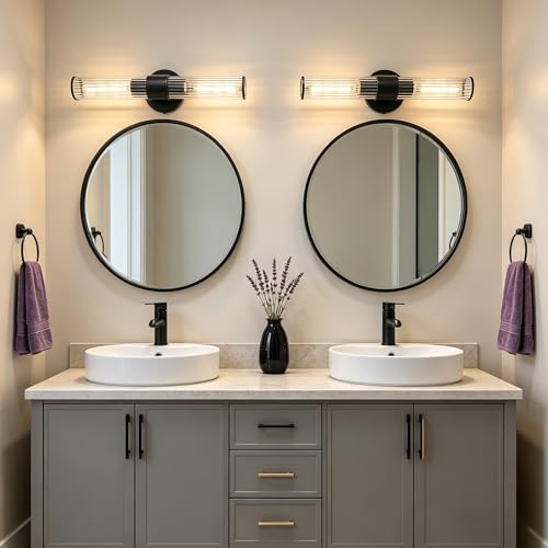 Bathroom Light Fixtures 2 Pack Hardwired, Black Wall Sconce Threaded Glass Vanity Light Featuring Two E26 sockets, Bathroom Wall Light Dimmable - Bulb Not Included, UL Certification - color: Black Threaded Glass-2Pack