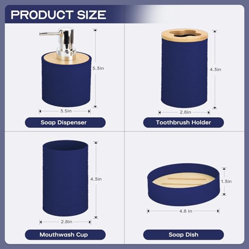 4 Pieces Bamboo Bathroom Accessories Set, Bathroom Accessory Set with Soap Dispenser and Toothbrush Holder, Soap Dish and Toothbrush Cup, Boho Bathroom Décor(Navy Blue) - color: Navyblue