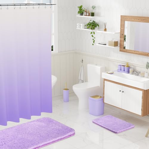 XLHOMO Bathroom Set - Purple Bathroom Sets with Shower Curtain and Rugs, 24PCS Shower Curtain Set with Hooks, Soap Dispenser, Soap Dish, Toilet Brush Holder and Trash Can for Housewarming - color: Purple and Gold, size: Bathroom Set+Shower Curtain+Bath Ru