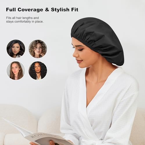 2 Pack Shower Caps for Women, Reusable Waterproof Shower Cap with Elastic Band, Thickened Waterproof Fabric Shower Bonnet for Braids, Long Hair (Black and Blue) - color: Color 02