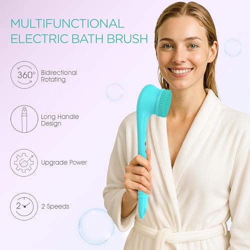 VOYOR Electric Body Brush Back Scrubber Silicone Body Scrubber Two-Way Rotating Brush Head for Deep Cleaning, Exfoliation, 4 Attachments Long Handle IPX6 Rechargeable Shower Brush BC300 (Blue) - color: Blue