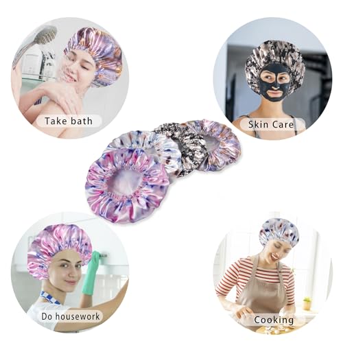 4 PCS Shower Caps for Women, 3D Printing Bath Caps, Double Layers Shower Cap Reusable Waterproof, Bathing Shower Caps, Environmental Protection Hair Bath Hat - Flower C - color: 3D Flower C 4 PCS/Set