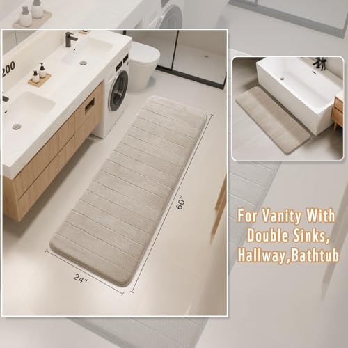 Yimobra Bathroom Runner 60"x24", Non Slip Memory Foam Bath Mat, Super Soft Water Absorbent Hallway Carpet, Machine Washable Rug for Vanity Tub Shower, Beige - color: Beige, size: 60" X 24"